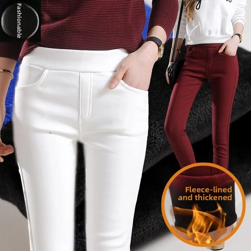 

Winter Thick Leggings Pants Women Pencil Shape Long Trousers White Fleece Material Ladies Bottom Wear