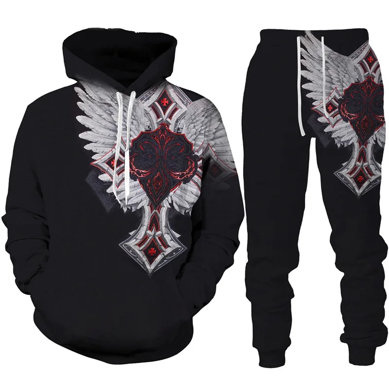 Men Hoodie Tracksuit Gothic Skull Tattoo 3D Printed Fashion Men\'s Motorcycle Biker Sportswear Set Cool Graphic Hoodie Pants Set