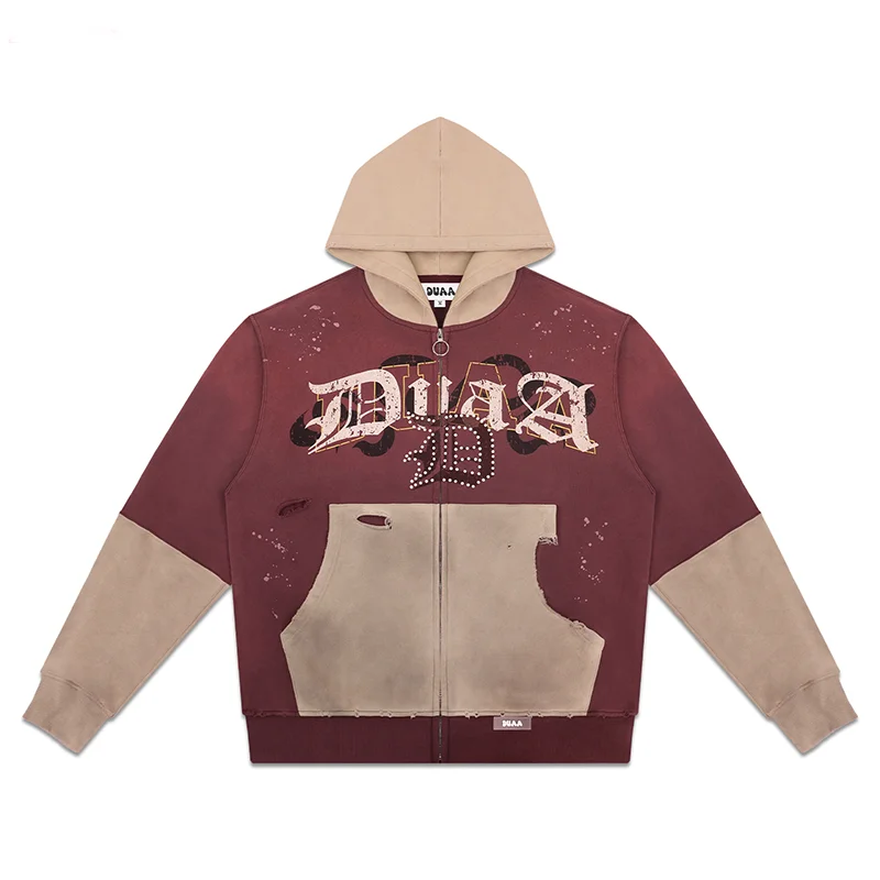 DUAA Hooded Zip Jacket for Men Vintage Splatter Paint Destroyed Patchwork Hoodie