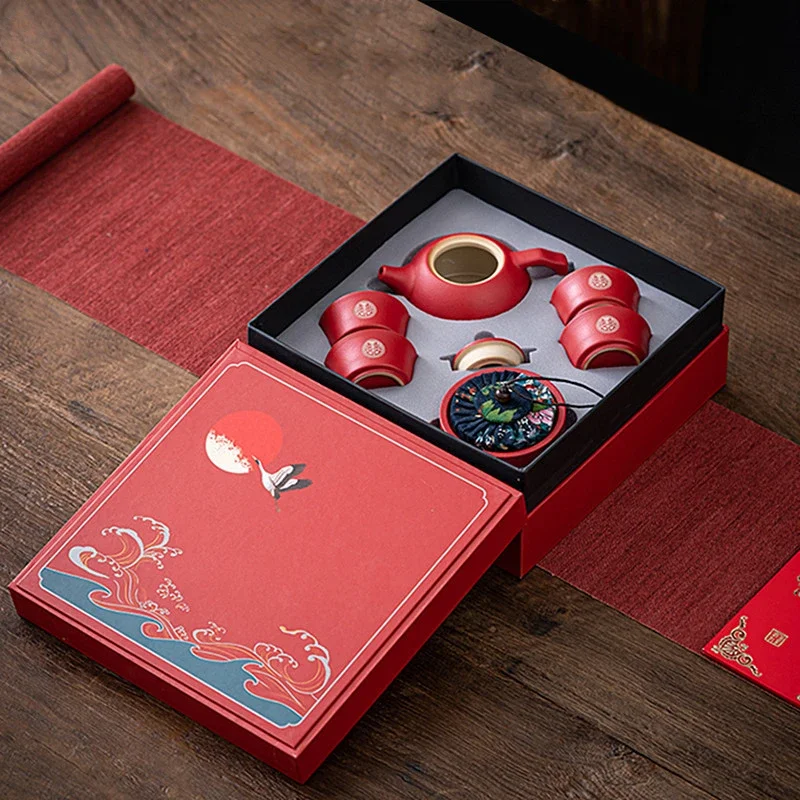 Chinese Wedding Ceramic Tea Set Teapot Boutique Handmade Tea Pot and Cup Set Household Tradition Red Teaware with Gift Box