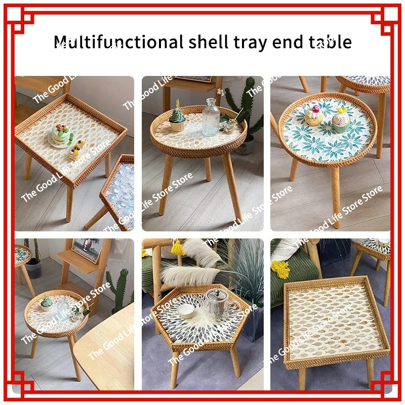

Modern Hand-woven Rattan Coffee Table Detachable Living Room Decor Table Multicolor Shell Side Table Home Furniture Decoration