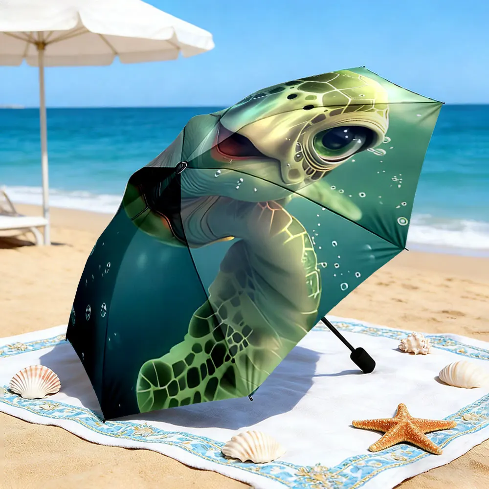 1PC Turtle Art on an Umbrella by the Lake Print 8 Iron Ribs Folding Umbrella Auto-Open Fashion Sunshade