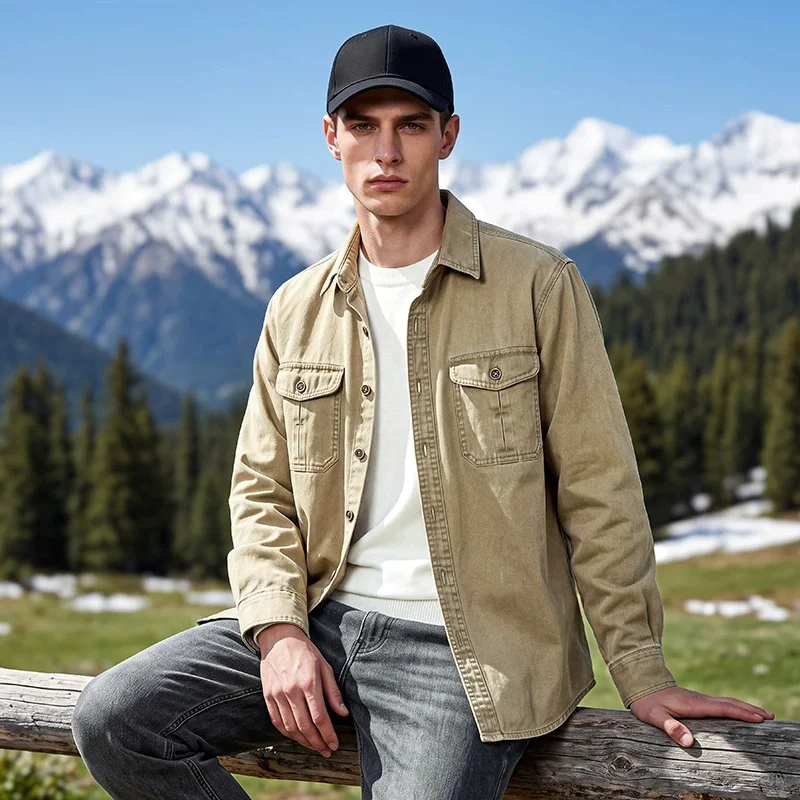 Men's Loose Retro Vintage Overshirt Long Sleeve Casual Shirt Autumn Khaki Green Multi Pockets Outwear Top for 4XL 5XL Sizes