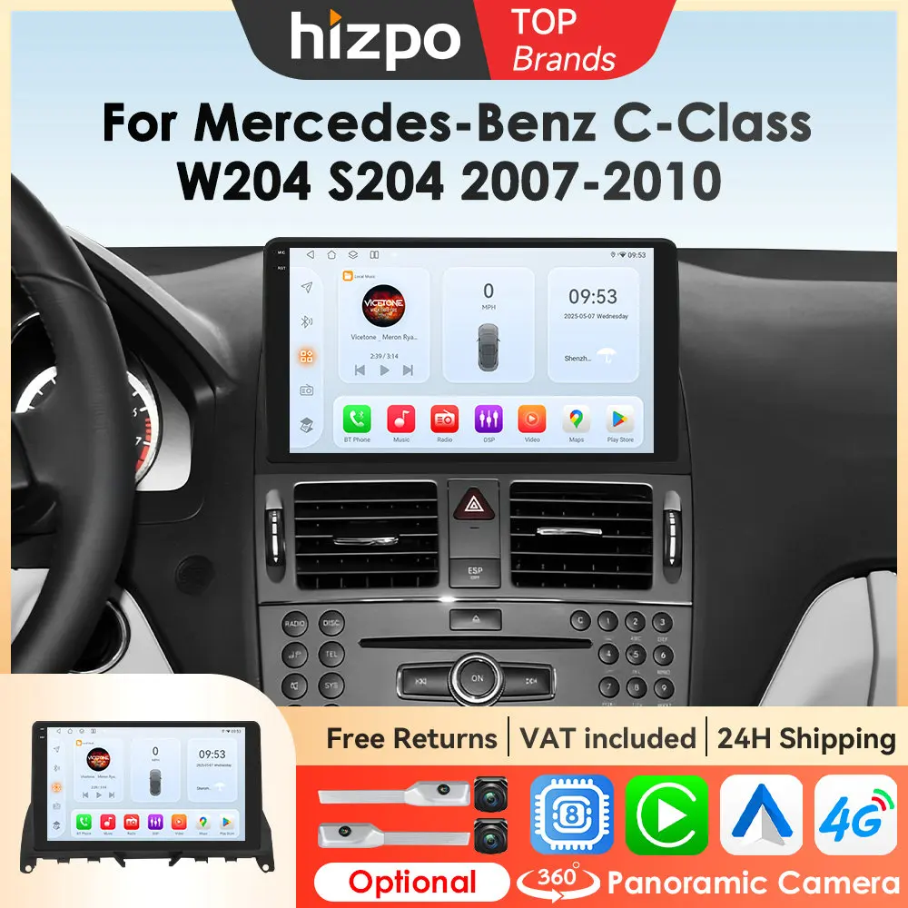 Hizpo 8-Kern-Autoradio für Mercedes Benz C-Klasse W204 S204 2007–2010 Auto-Multimedia-Player GPS 4G Wireless CarPlay Autoradio RDS