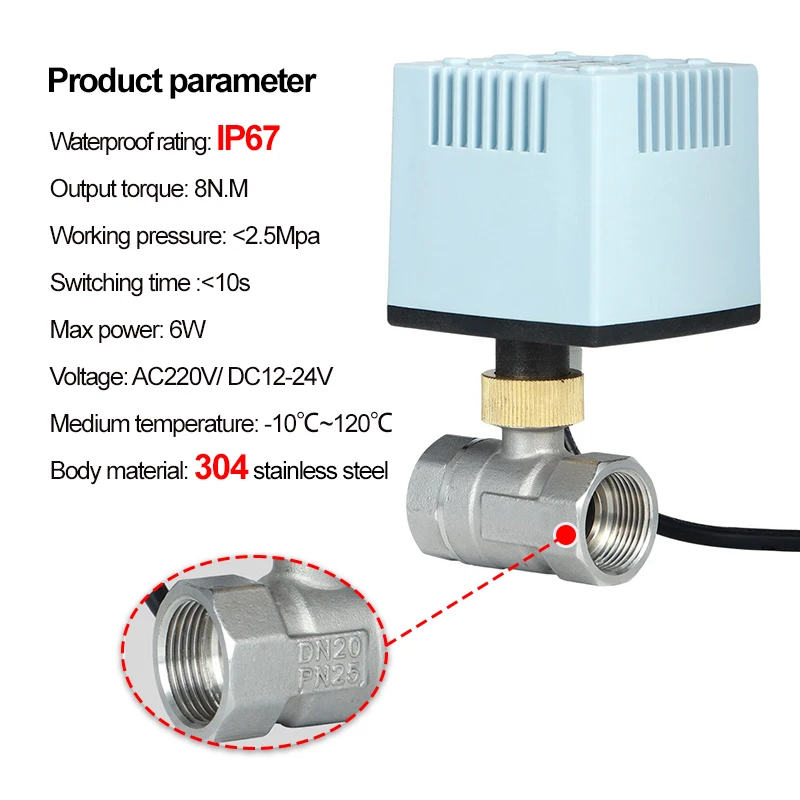DC12V-24V or AC220V Stainless Steel Electric Ball Valve 2-ways 3-wire 2-control Electric Ball Valve DN15~DN50,IP67 Super Waterp