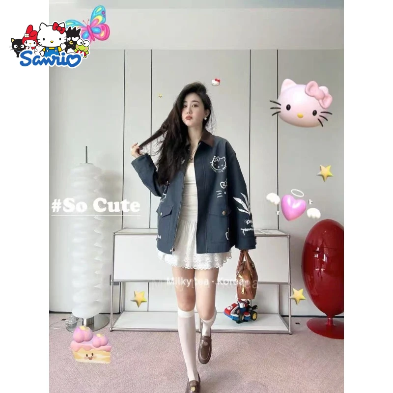 

Sanrio Hello Kitty Тренч, новинка 2025, осень, высококачественный универсальный стиль, куртка с длинными рукавами и лацканами, повседневный топ, женский подарок