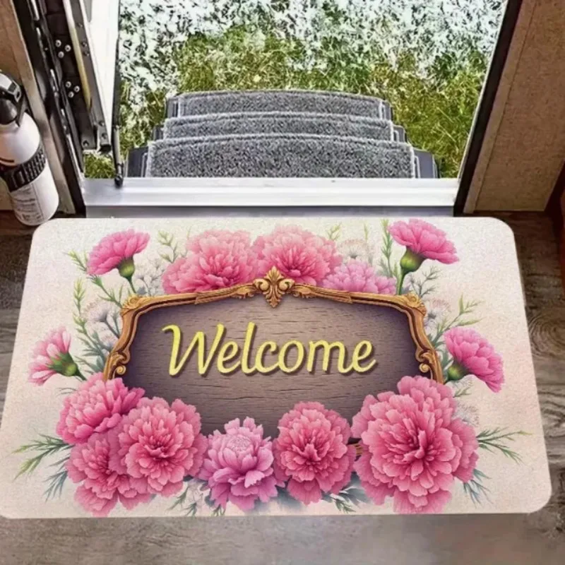 VIKAMA Non-slip 3D Gold Frame Blue Floral Bath Mat for Bathroom Shower Home Decor