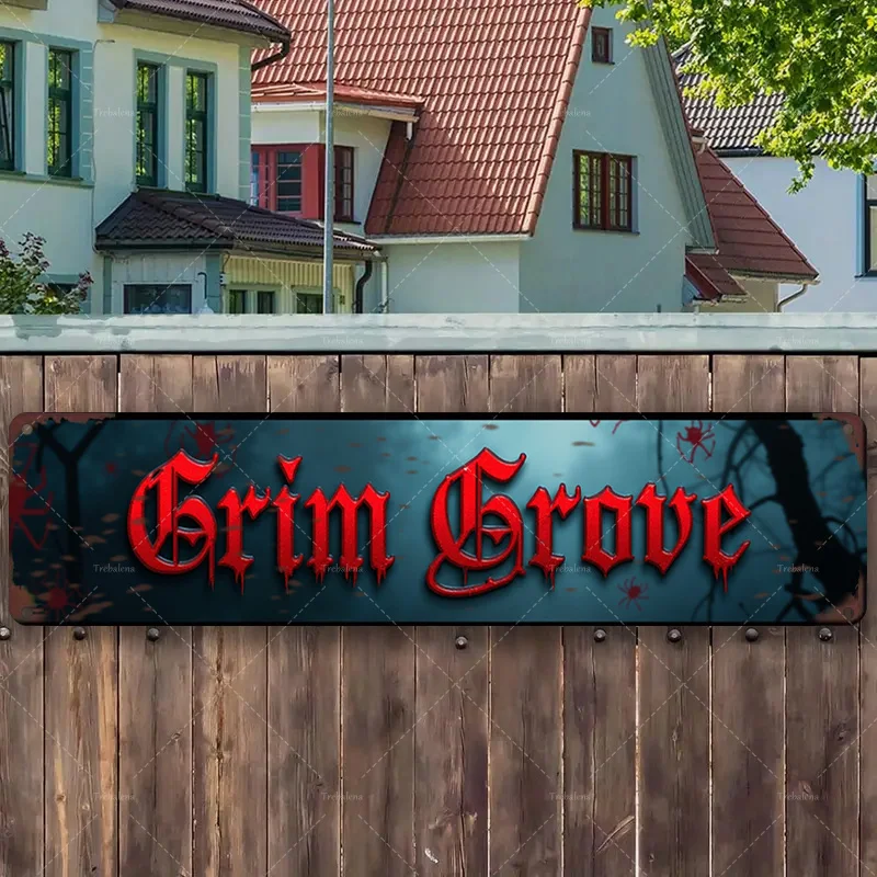 

1 шт. металлический знак, 4x16 дюймов «Grim Grove: жуткий металлический знак на Хэллоуин для декора с привидениями»