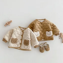 2024 Winter New in Kids Baby Boys Girls Thicken Quilted Cartoon Bear Top Outfits , Toddler Infant Warm Jacket Outwear 0-5Y