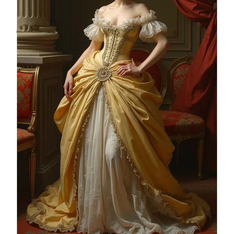 

gold victorian Baroque Prom Dress Off Shoulder Ruched Long lace-up walk tea Evening Gown Corset Belle Epoque Gowns Customized