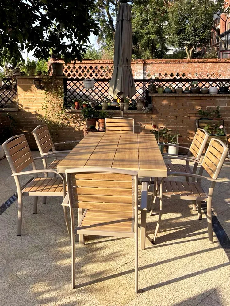 Outdoor tables and chairs, courtyard gardens, leisure anti-corrosion wooden long tables waterproof and sun resistant commercial