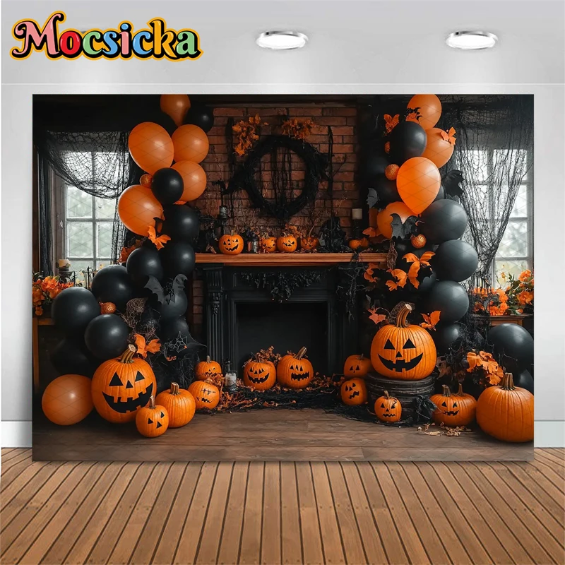 Tła Mocsicka Halloween Dynia Czarny Kominek Pomarańczowe Balony Tła Imprezowe Fotografia Wewnętrzne Dekoracje Nietoperze Baner