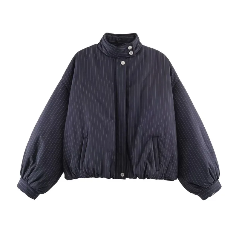 

Women Fine Stripe jackets Autumn Winter Fashion High Collar Long Sleeve Jacket Casual Elastic Hem Female Streetwear Loose Tops
