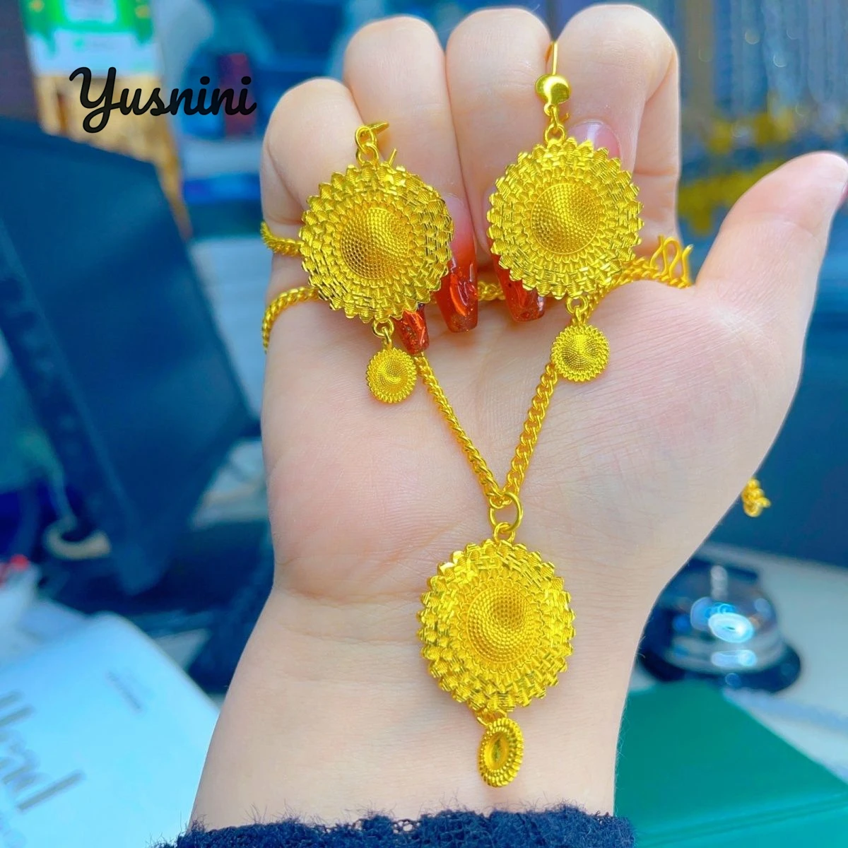 

New French 24K Gold Plated Necklace Earrings for Wedding Engagement Party Jewelry Set for Lovers DD10712