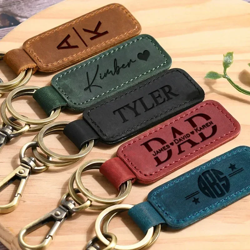 Laser Custom Logo Leather Keychain Engrave Vintage Keyring for Men Women Personalize Company Hotel Name Number Key Chain Ring