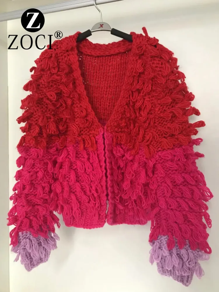 [ZOCI] 2024 Winter New Product Rainbow Handmade Coarse Rod Needle Circle Wool Contrasting Color Wool Cardigan Coat Sweaters