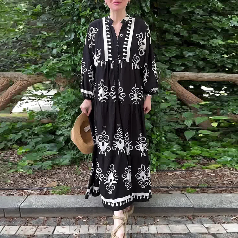 Ethnic Vintage Pattern Print Loose Long Dress Spring Sexy V Neck Buttons Women Pullover Dress Autumn Long Sleeve Boho Lady Dress