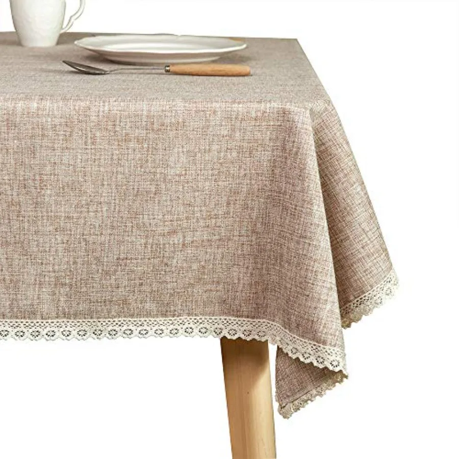 

Linen Rustic Burlap Washable TableclothSolid Heavy Weight Tan 60 x 120 Rectangle Overlay Lace Edge Table Cover for Kitchen Dinn