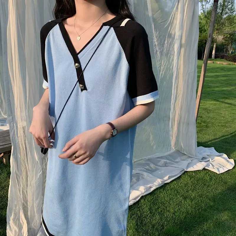 Summer Sweet Spliced Midi Dress Fashion Contrasting Colors Women's Clothing V-Neck Button Casual Short Sleeve Straight Dresses