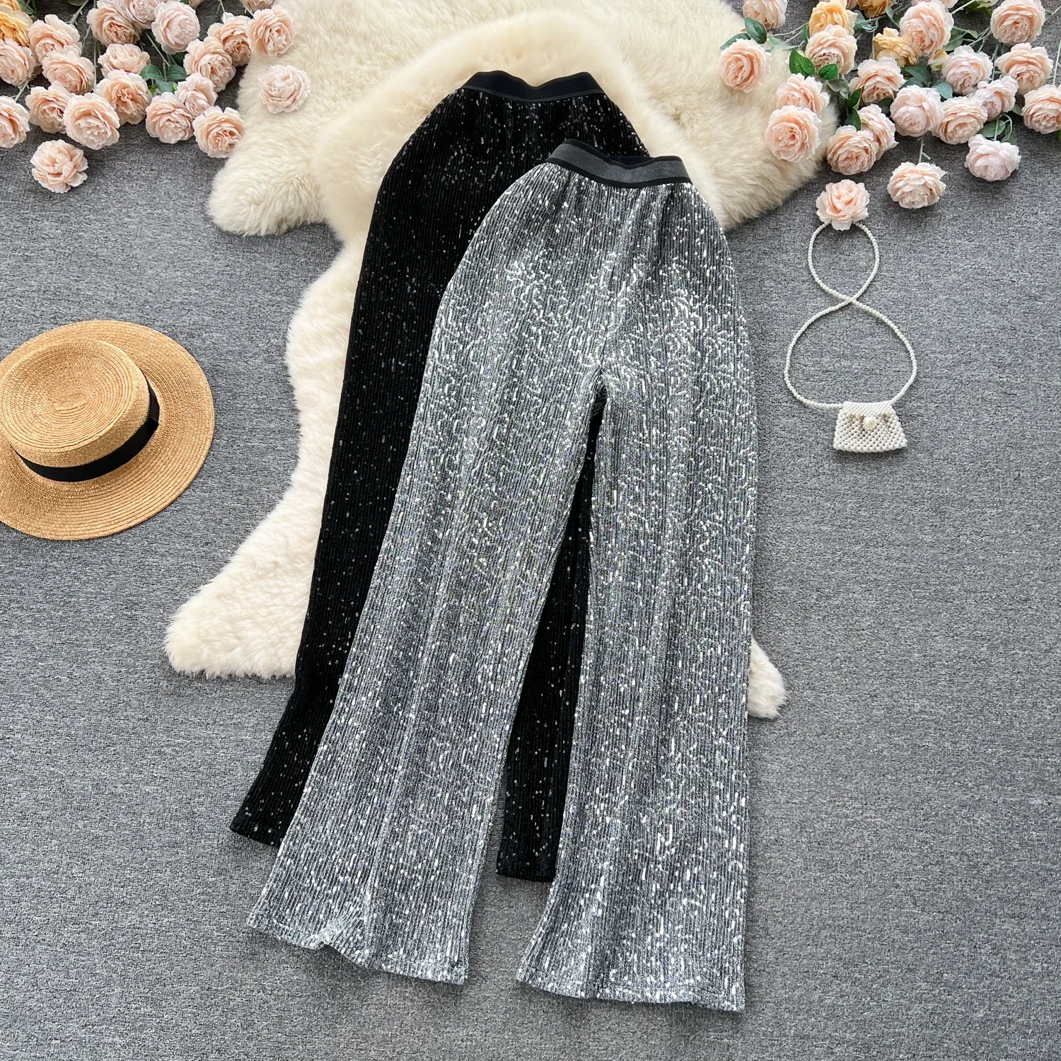 Women High Waist Glitter Sequin Pants Wide Leg Korean Fashion Elegant Casual Vintage Autumn Streetwear Basics Clothing