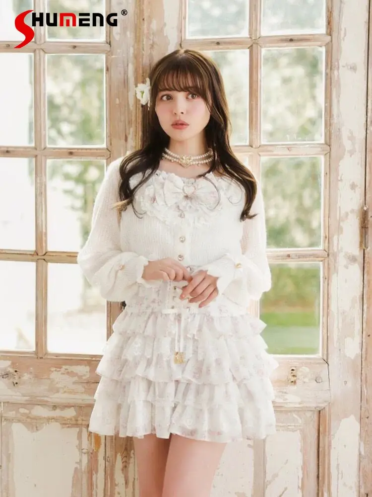 

Japanese Liz Sweet Lolita Large Size Dress Set Spring 2026 Girls Woman's Cute Bow Suspender Dress and Knit Cardigan 2-piece Set