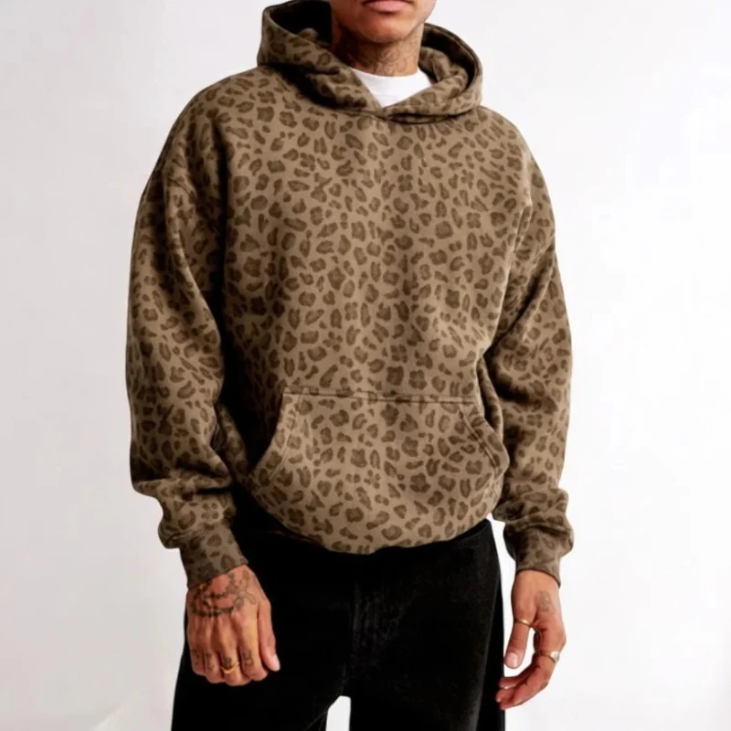 

2025 Autumn and Winter New Loose Casual Leopard Print Hooded Long Sleeved Pocket Hoodie