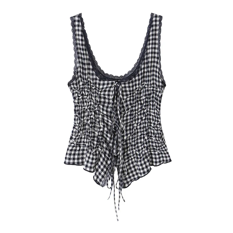 Women's Vest New Lace-Trimmed Small Checkered Pleated Vest Summer Casual Fashion Street Style Short Top