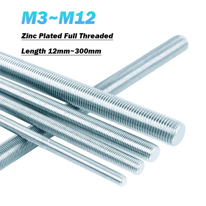 1-20pcs M3 M4 M5 M6 M8 M10 M12 Zinc Plated Full Threaded Rod Fully Metric Thread Rods Bar Screw Galvanized Bolt Stud Tooth Stick