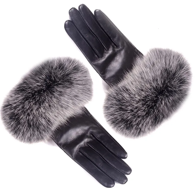Women\'s Ladies Girls Winter Warm 100% Real Fox Fur with Real Leather Lambskin Fashion Elegant Cute Gloves