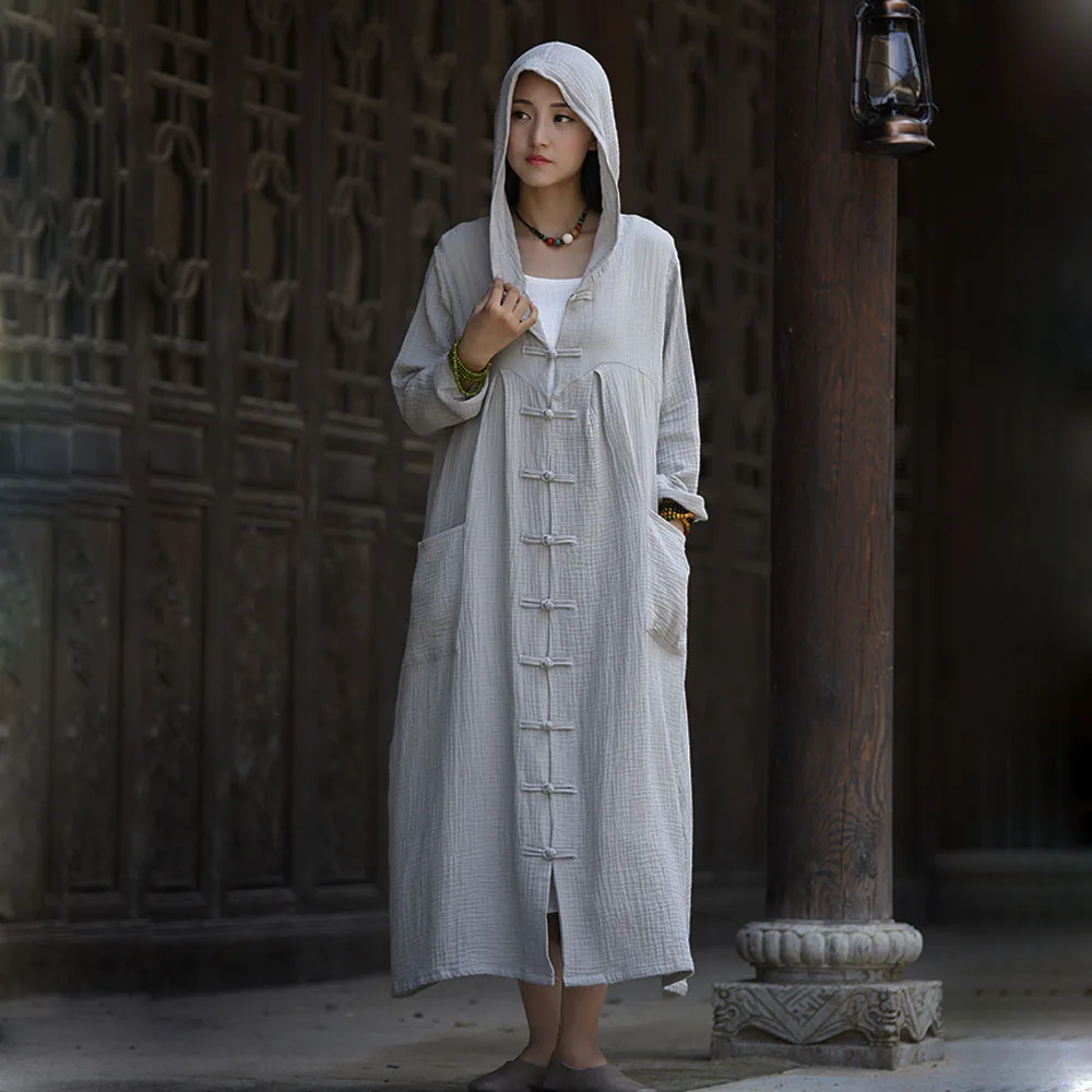 Manteau Long en Coton et Lin de Style Ethnique pour Femme, Robe d'Extérieur, Cardigan, Grande Taille avec Chapeau, Cape, Collection Automne