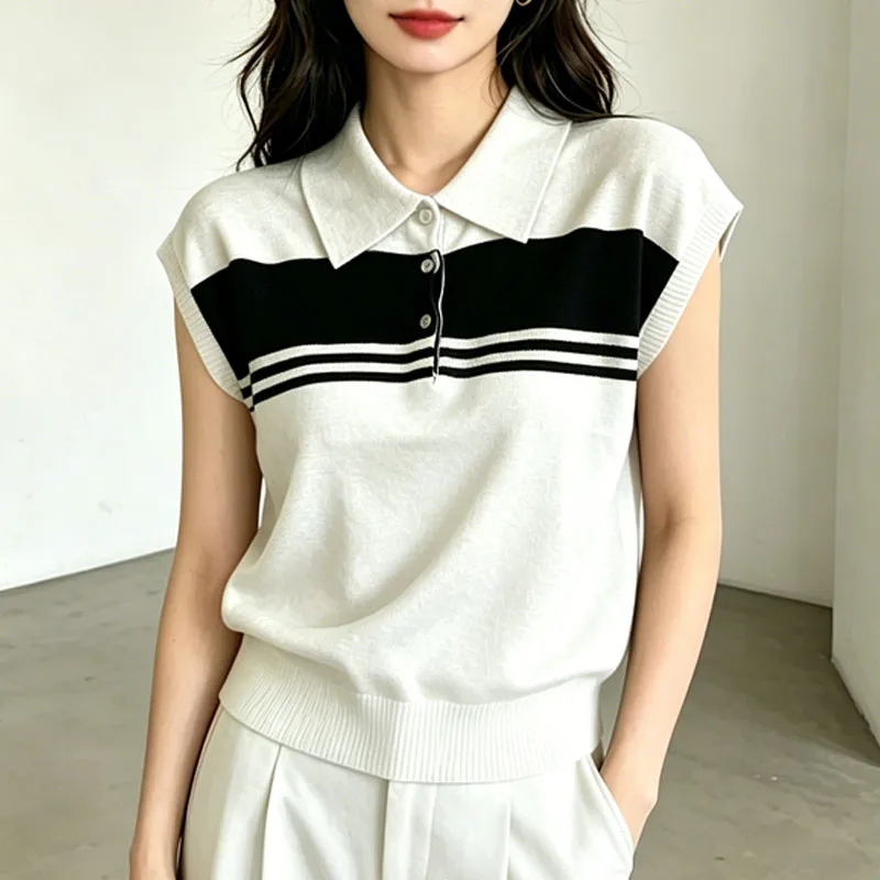 

2026 Short Sleeve Patchwork Knitted Sweater Women Pullovers New Summer Turn Down Collar Knit Sweater Pullover Women Tops Q3986