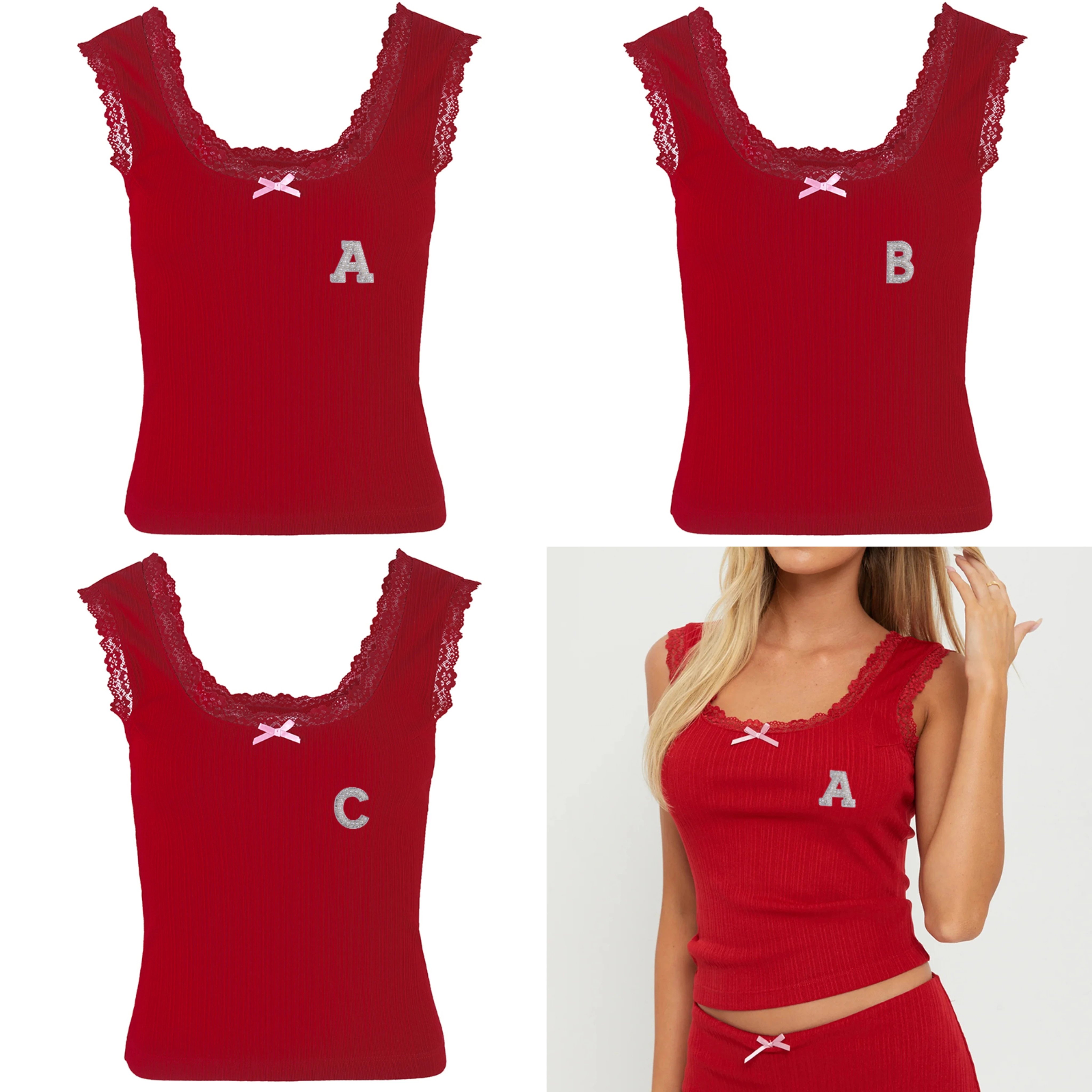 Red Elegant French Aesthetic Top Corset Vest Baby T-shirt Lace Bow Sleeveless Suspender Vest Ropa Mujer Vetement Femme Tendance