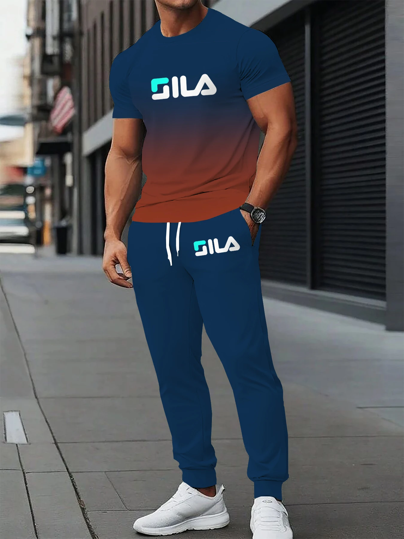 

2025 Summer New Men's Leisure Sports Set Breathable Speed Drying Polyester Fiber Round Neck T-shirt Pants 2-piece Set