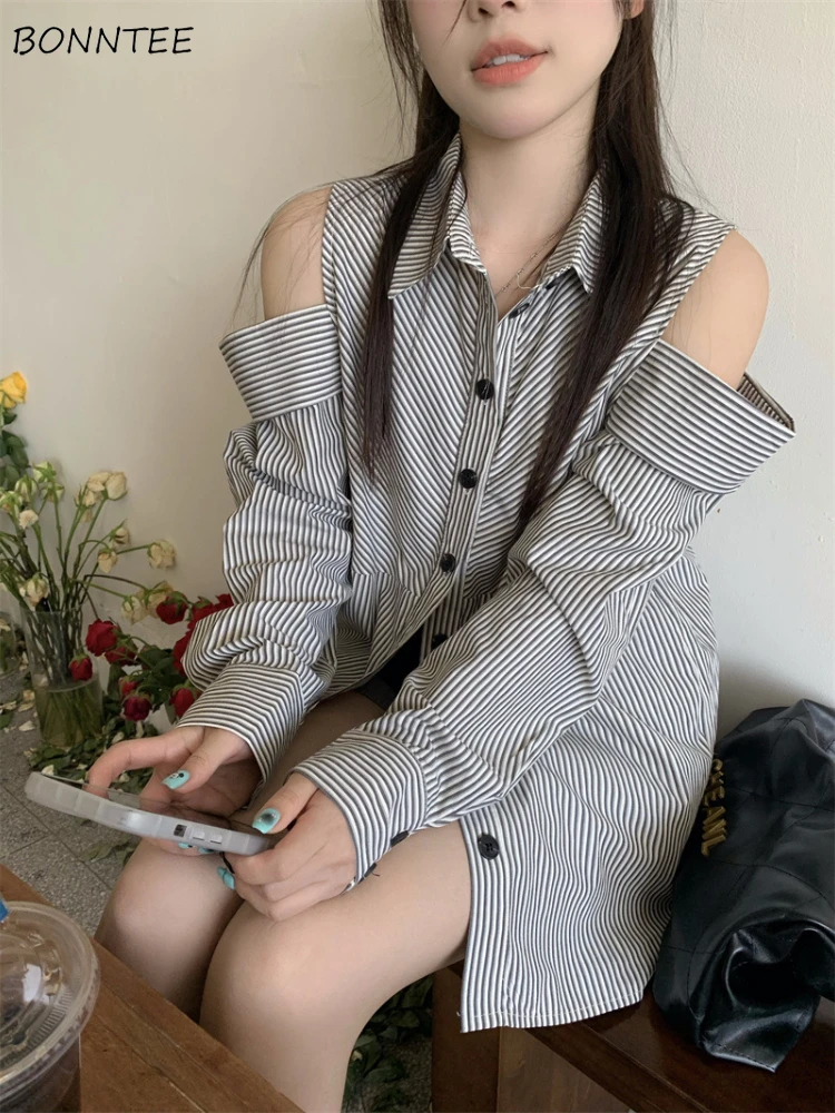 

Striped Off Shoulder Shirts Women Baggy Casual Temper Spring Autumn Simple Coat Elegant Streetwear Korean Fashion Tops Womens