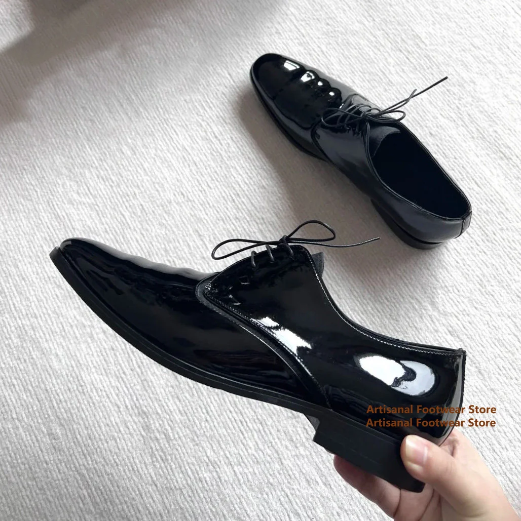 Bright Patent Leather Lace-Up Derby Shoes for Men Business Pointed Toe Leather Shoes Men's Groom's Shoes Trendy Wedding Shoes