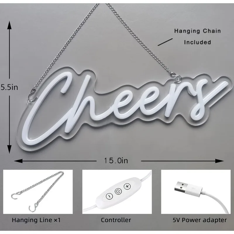 White Cheers Neon Sign USB Powered with Dimmable Switch LED Wall Background Light Up Bar Birthday Party Wedding 15 * 5.5in