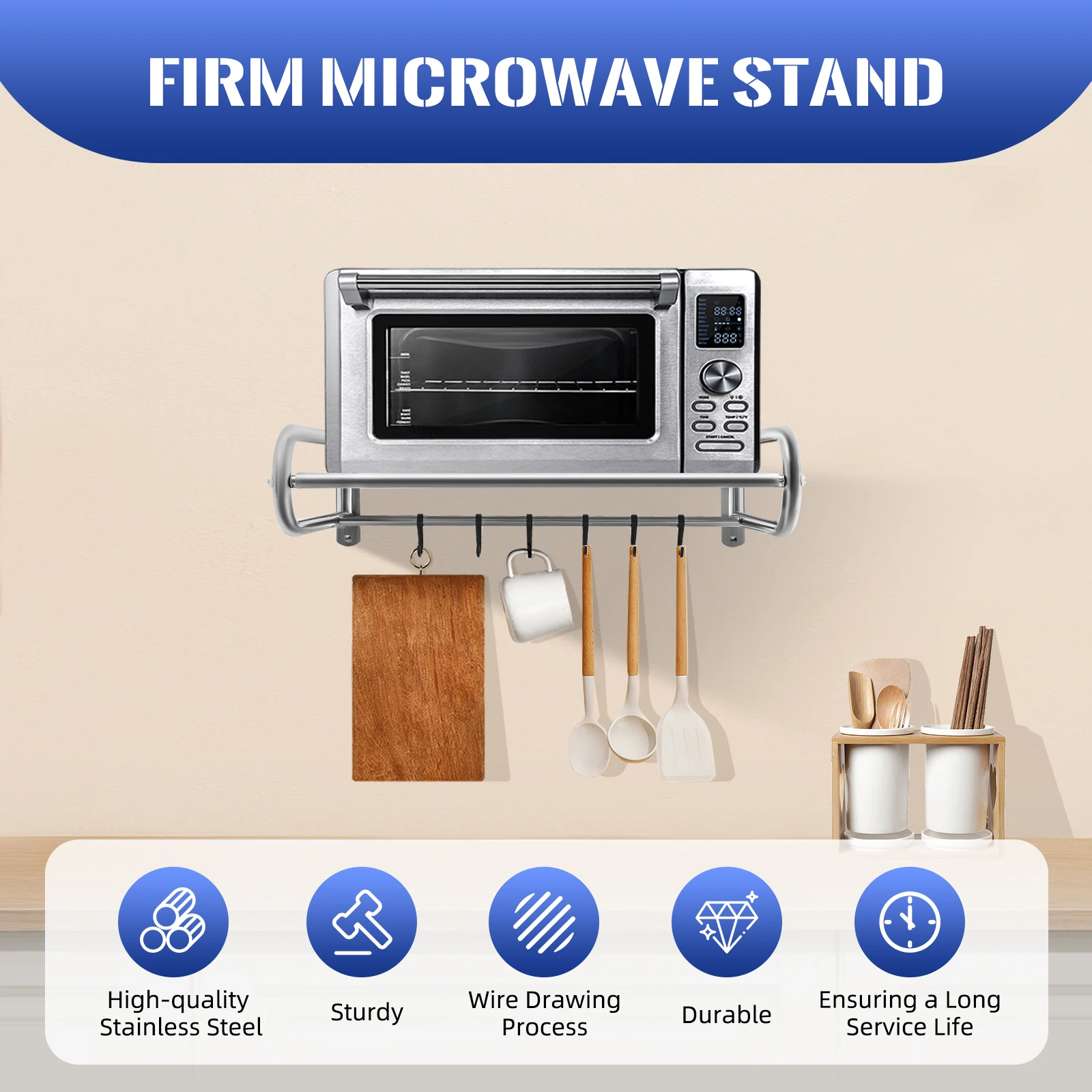 53 cm Microwave Oven Stainless Steel Microwave Oven Shelf Wall Mounted Kitchen Shelf Counter Single Layer + 6 Hooks