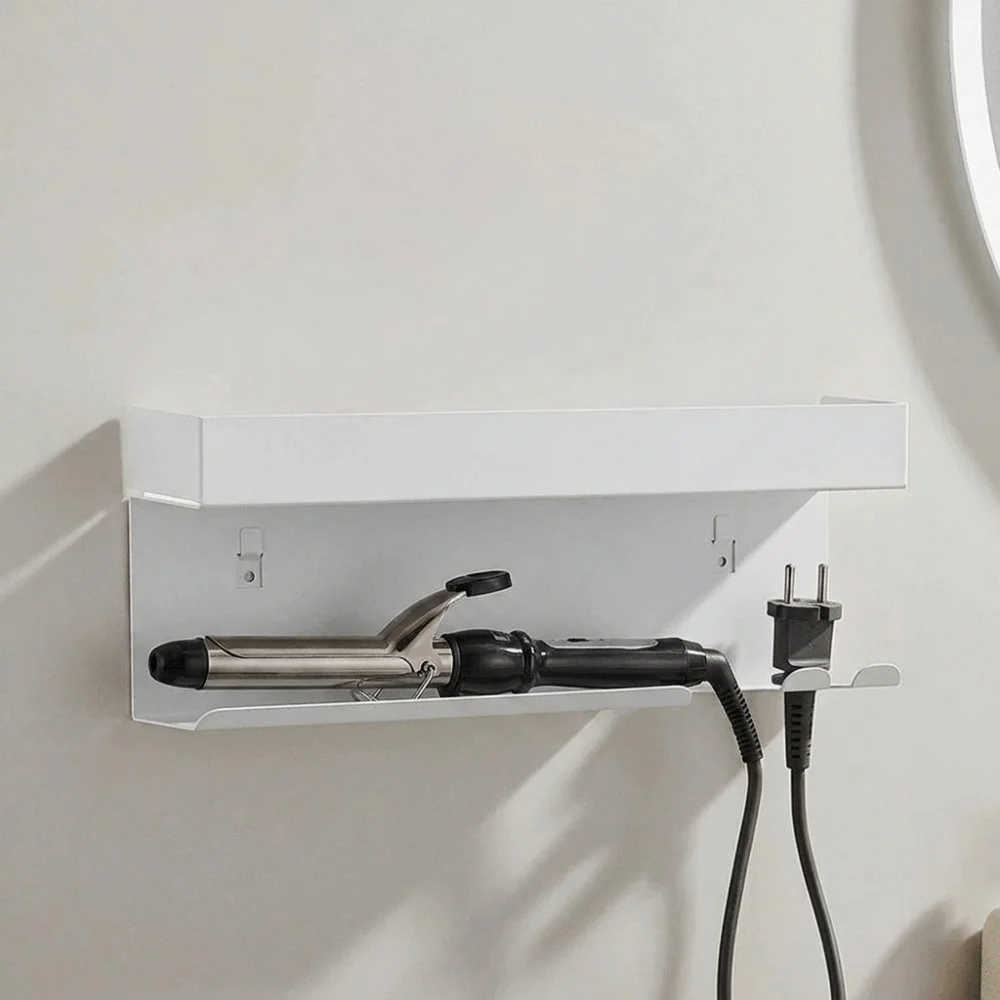 Carbon Steel Curling Iron Storage Rack Wall Mounted No Drill Hair Curler Storage Shelf Space Saving Hair Tool Holder