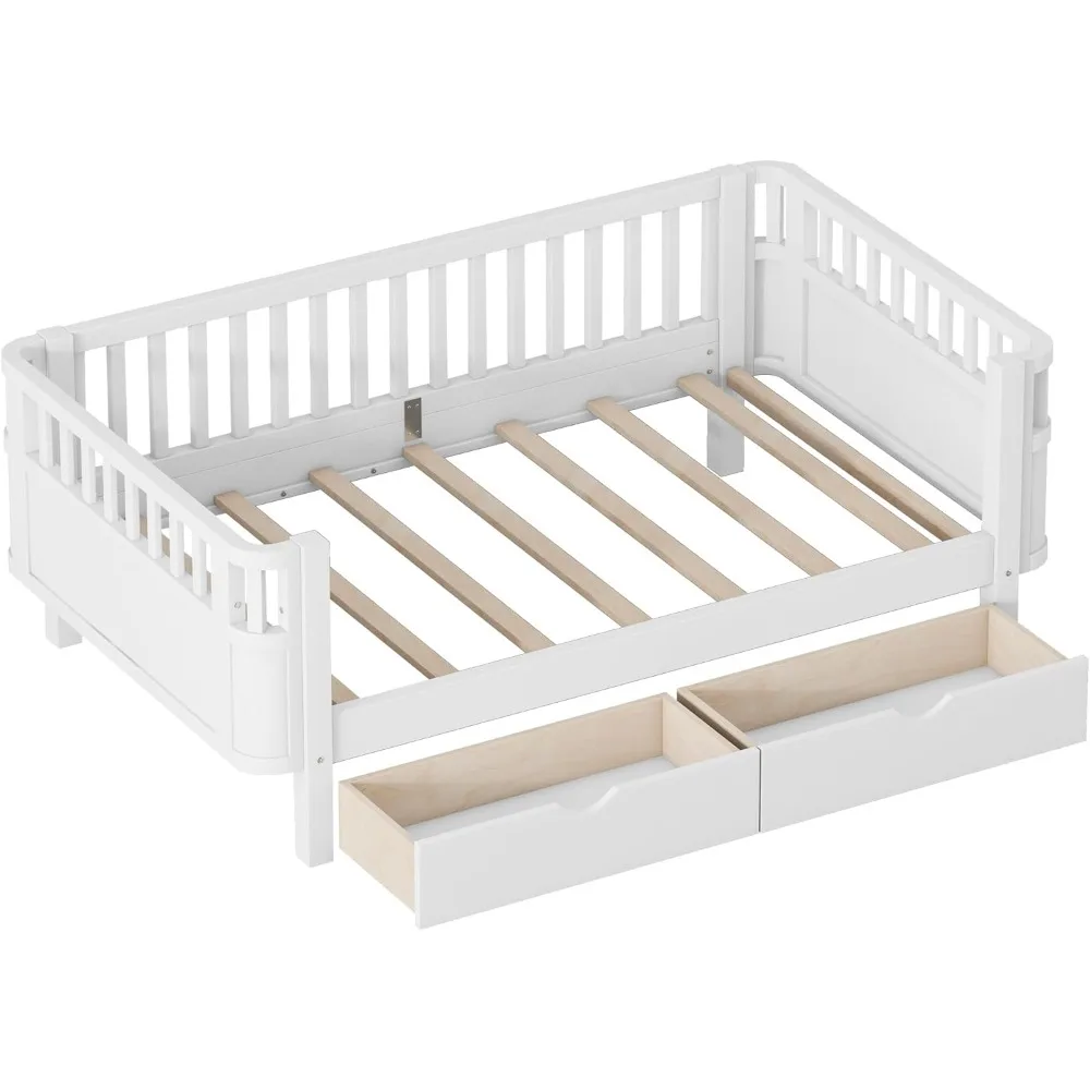 سرير أطفال مزدوج الحجم مع درابزين ودرجين بعجلتين، إطار سرير مونتيسوري خشبي منخفض المستوى مع دعم شرائح، توأم حديث