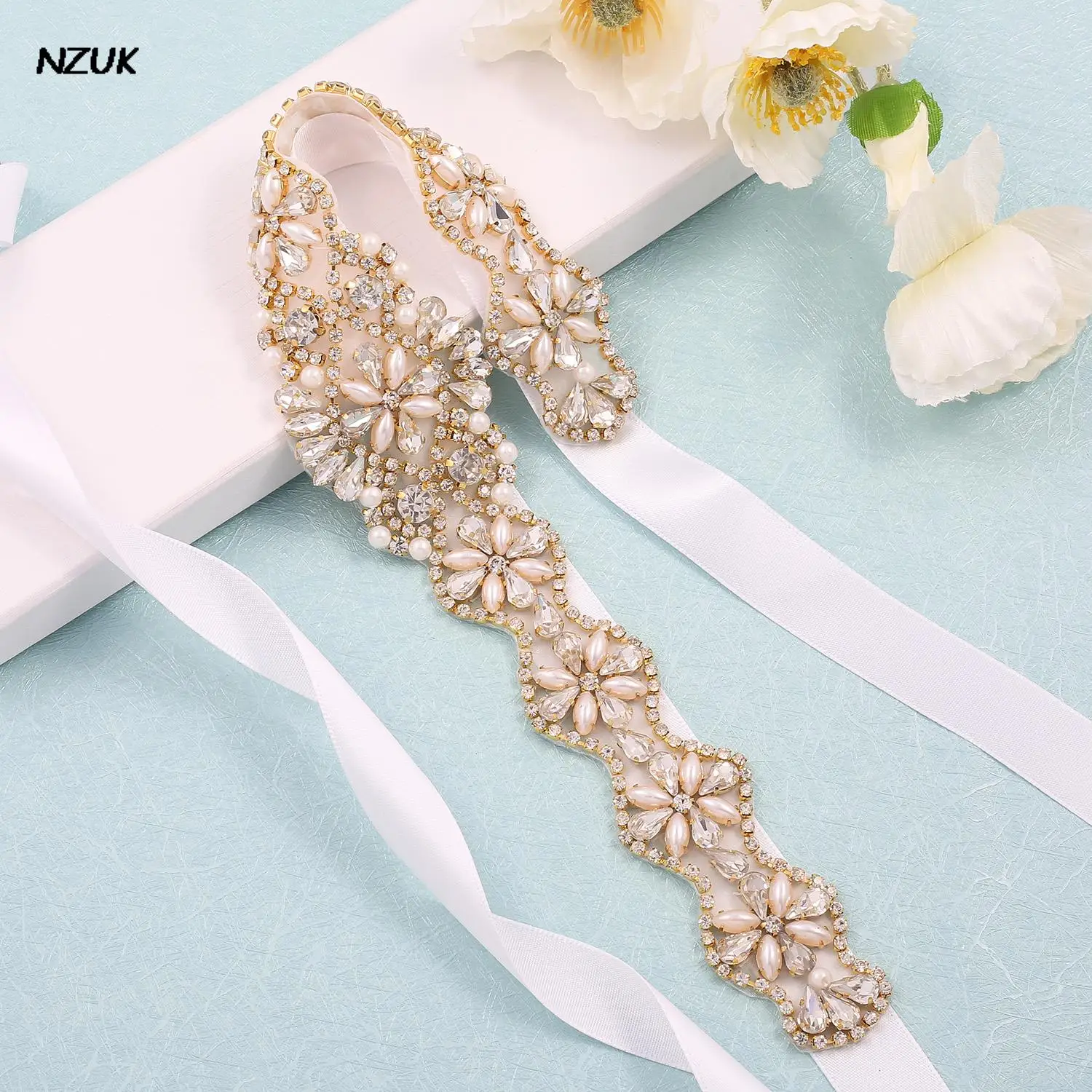 NZUK Rhinestone Beaded Wedding Dress Belt Bling Bridal Belt Handmade Satin Sah Belt female belt for dress