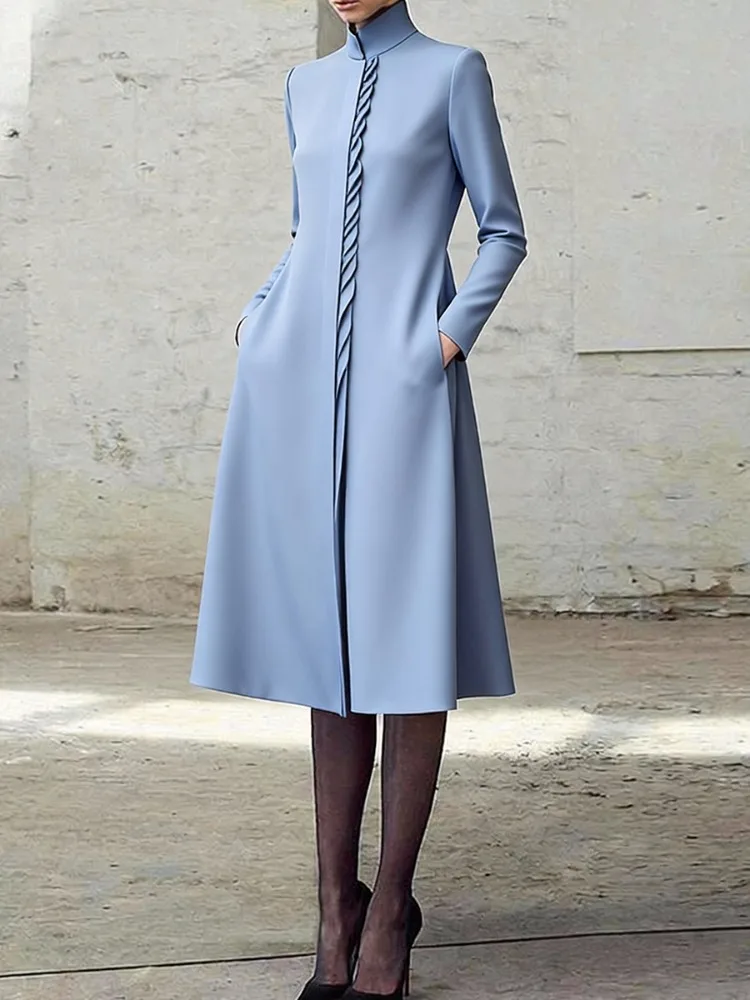 UOOZEE dames elegante gegolfde kantooroverhemdjurk 2026 nieuwe lange mouwen hoge hals effen kleur stedelijke casual midi-jurken gewaad