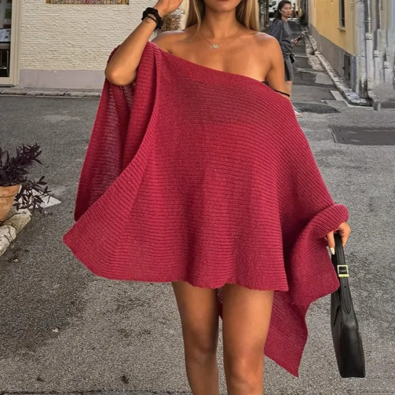 

2025 Autumn Winter Solid Knit Loose Casual 2 Piece Set Women Off Shoulder Batwing Sleeves Versatile Top Skinny Shorts Streetwear