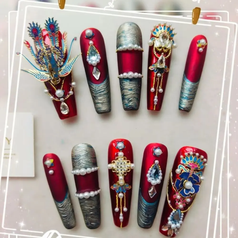 

Chinese Wedding Press On Nails Extra Long Coffin Enamel Phoenix Charms Burgundy Gold Pearl Rhinestone Heavy Duty Nail Art Set