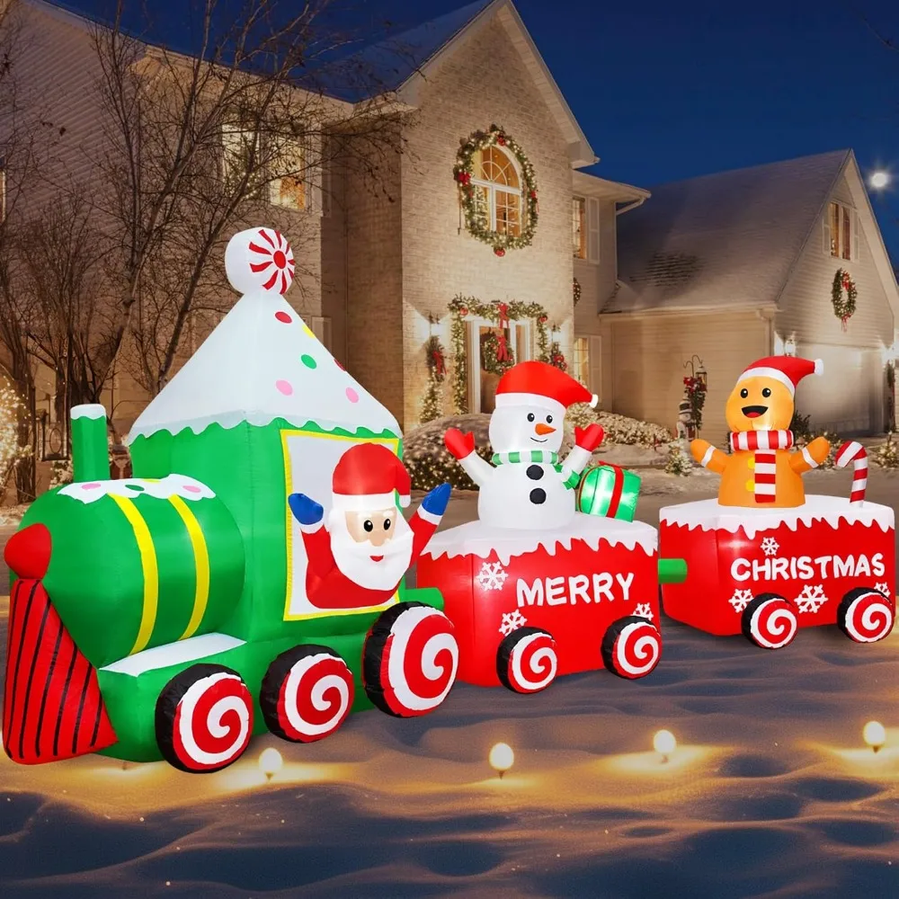 

12FT Christmas Inflatable Santa Claus on Train Outdoor Decorations, Lighted Inflatable Christmas Train with Snowman Gingerbread