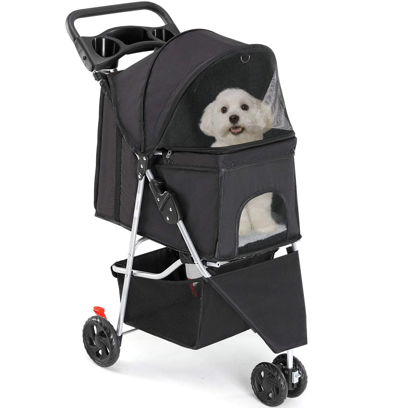 

Pet Stroller Storage Basket Cup Holder Small to Medium Cat Dog 3-Wheel Foldable