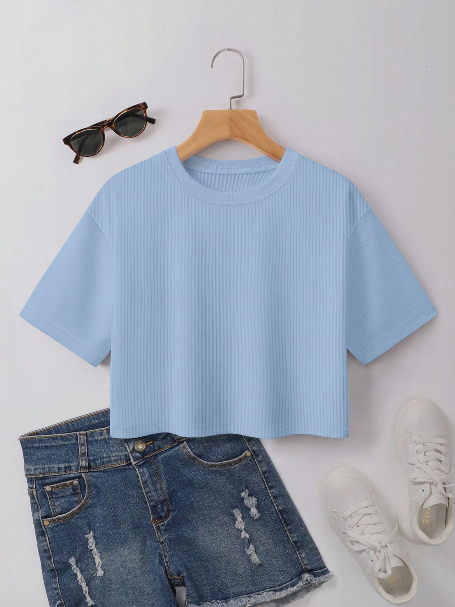 Camiseta de manga corta con cuello redondo para mujer, Tops holgados informales de manga media, Color sólido, ropa de moda, novedad de verano