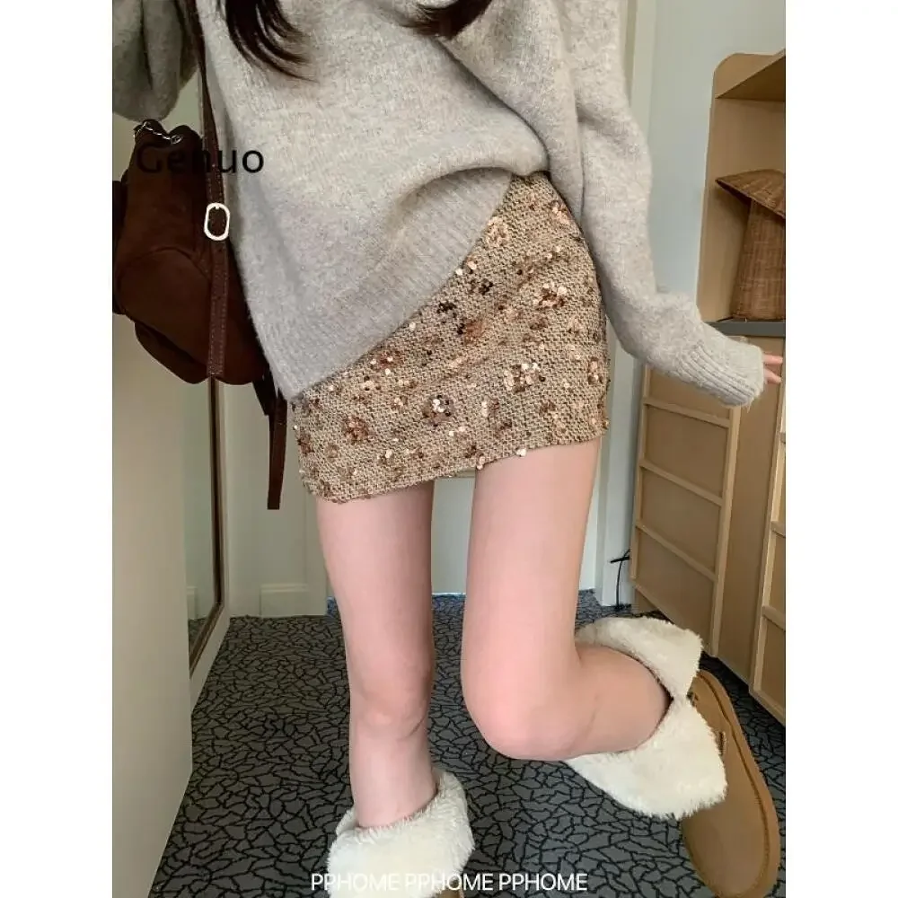 Women's Light Luxury Shimmery High Waist A-Line Faux Wool Tweed Exquisite Mini Skirt