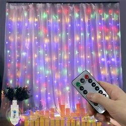 Guirnalda de cortina de luces LED para decoración navideña, luces de hadas para dormitorio y hogar, Control remoto, 8 modos, 6x3M