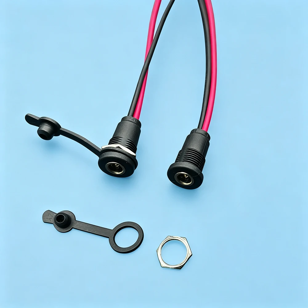 5.5X2.1mm DC Power Socket Jack Female Panel Mount Connector Adapter with 20AWG Wires and Waterproof Cap for Audio Video CCTV
