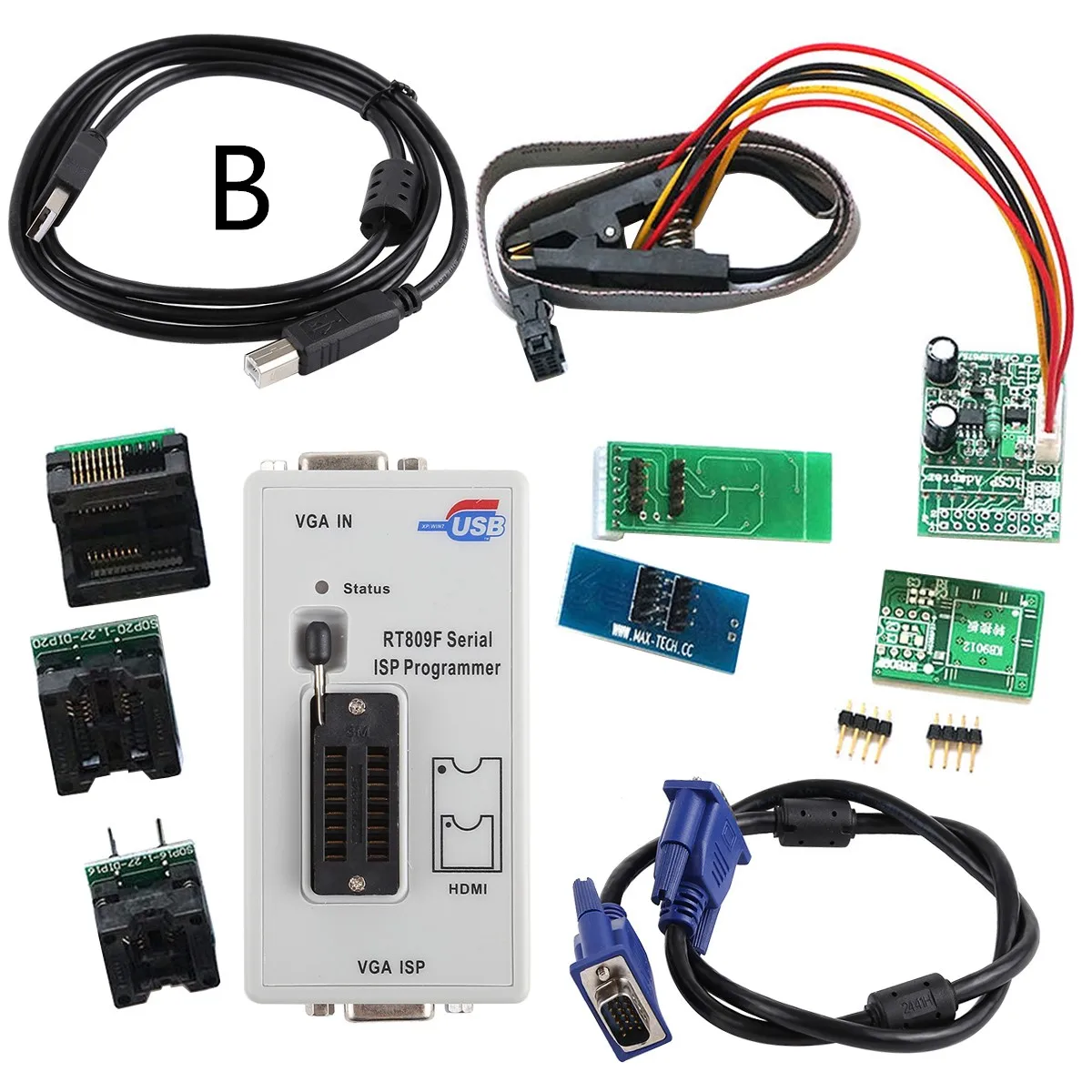 Newest RT809F LCD ISP Programmer + 15 Adapters KB9012 TSOP8 TSSOP8 IC Test Clip SOP16 VGA Cable
